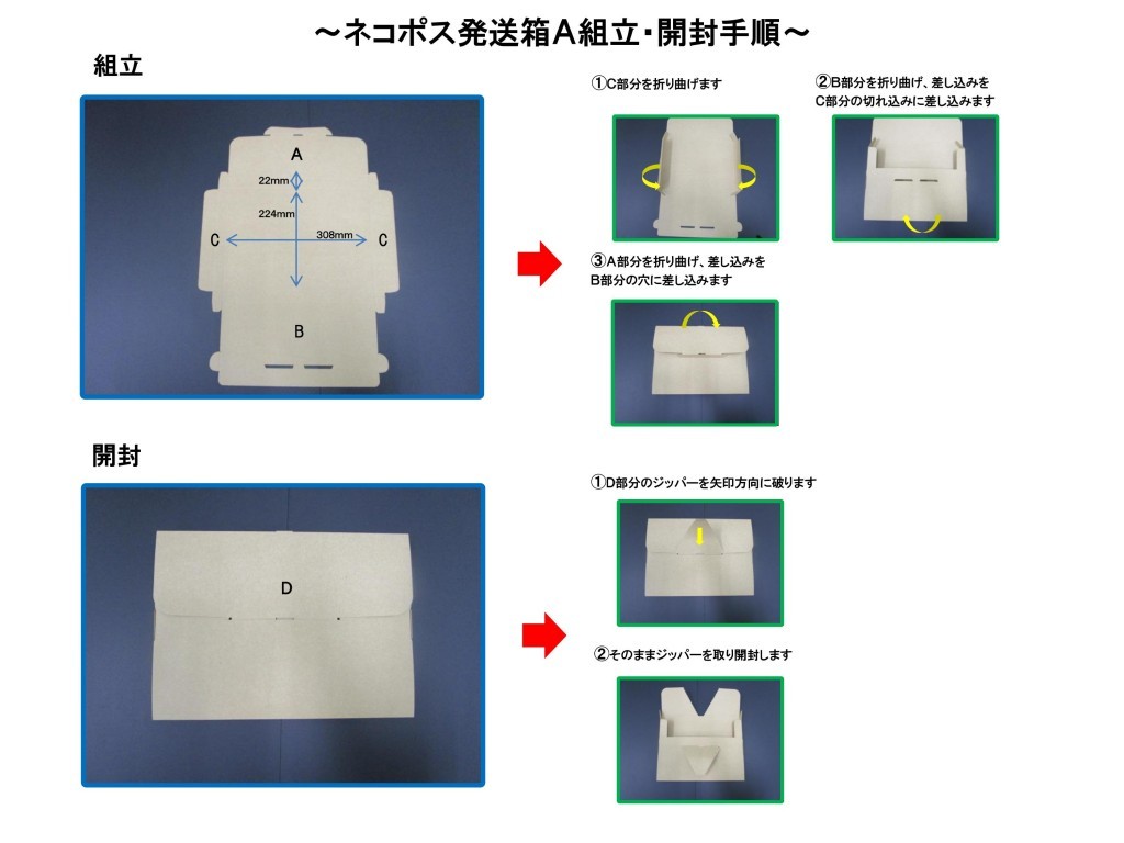 ネコスポ発送箱A組立・開封手順